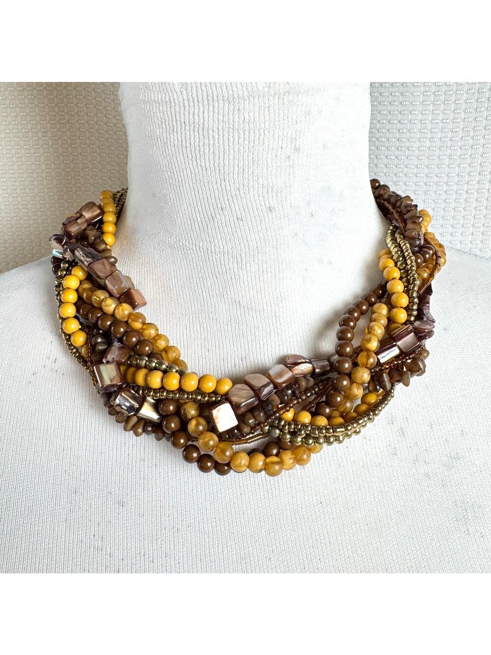 Vintage Multi-Strand Arden Chocker Necklace Brown Mustard Glass Shell Bead NWT
